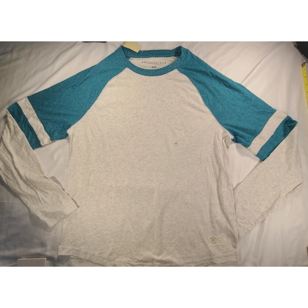Aeropostale Men's Medium Long Sleeve Raglan Baseball Tee Gray Teal